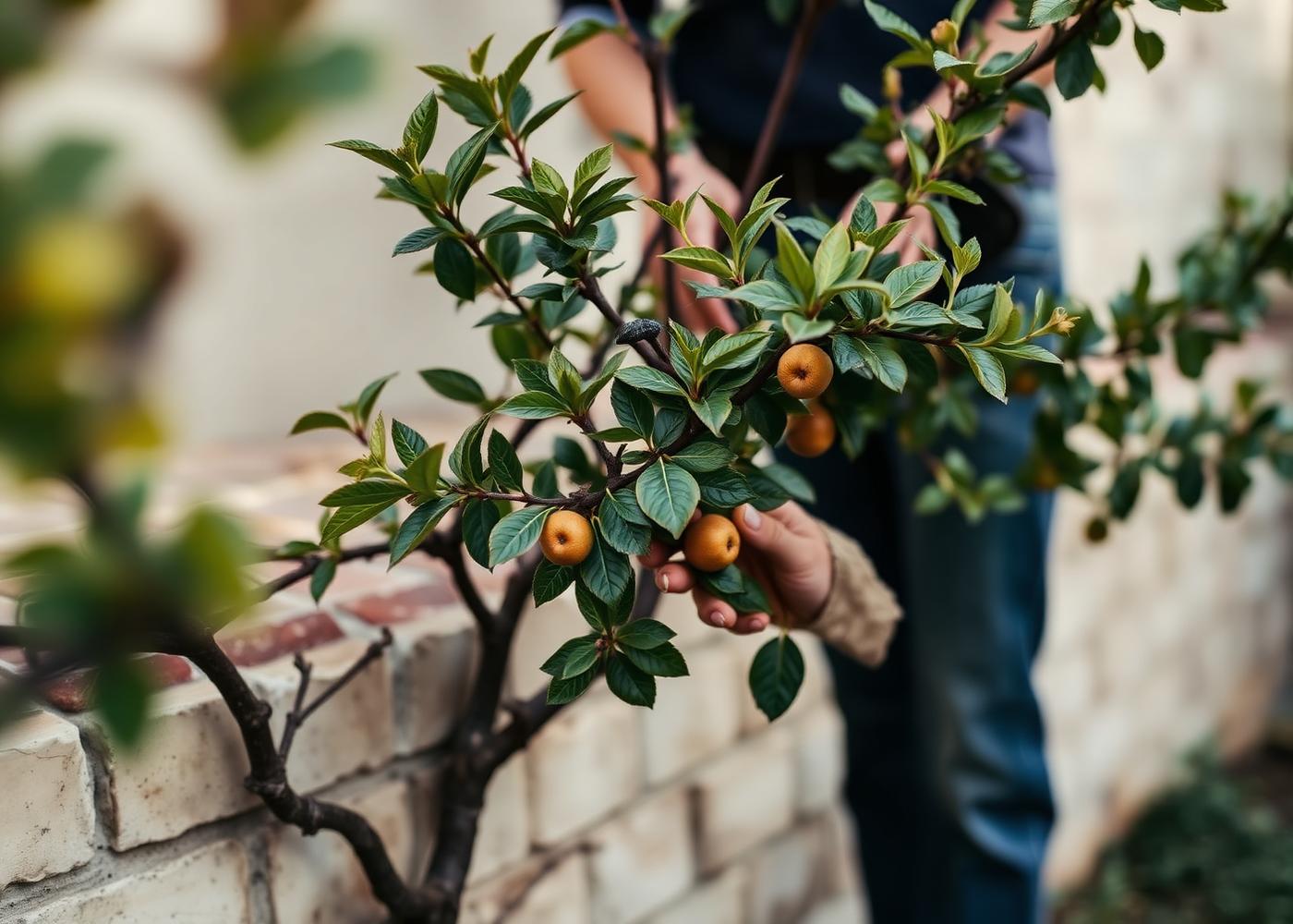 Placeholder — estate gardener pruning an espaliered tree against a stone wall